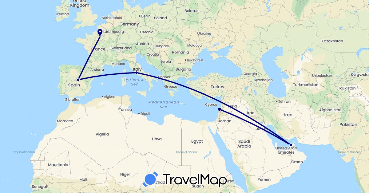 TravelMap itinerary: driving in United Arab Emirates, Spain, France, Italy, Lebanon (Asia, Europe)